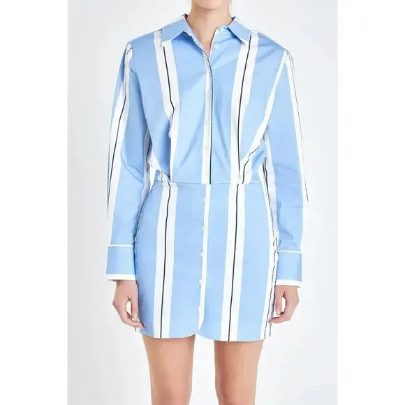 Grey Lab Stripe Power Shoulder Mini Shirtdress Powder Blue/ White Womens M NWT - Picture 1 of 11